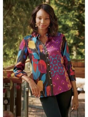 Mutlcolor button up 100% silk blouse